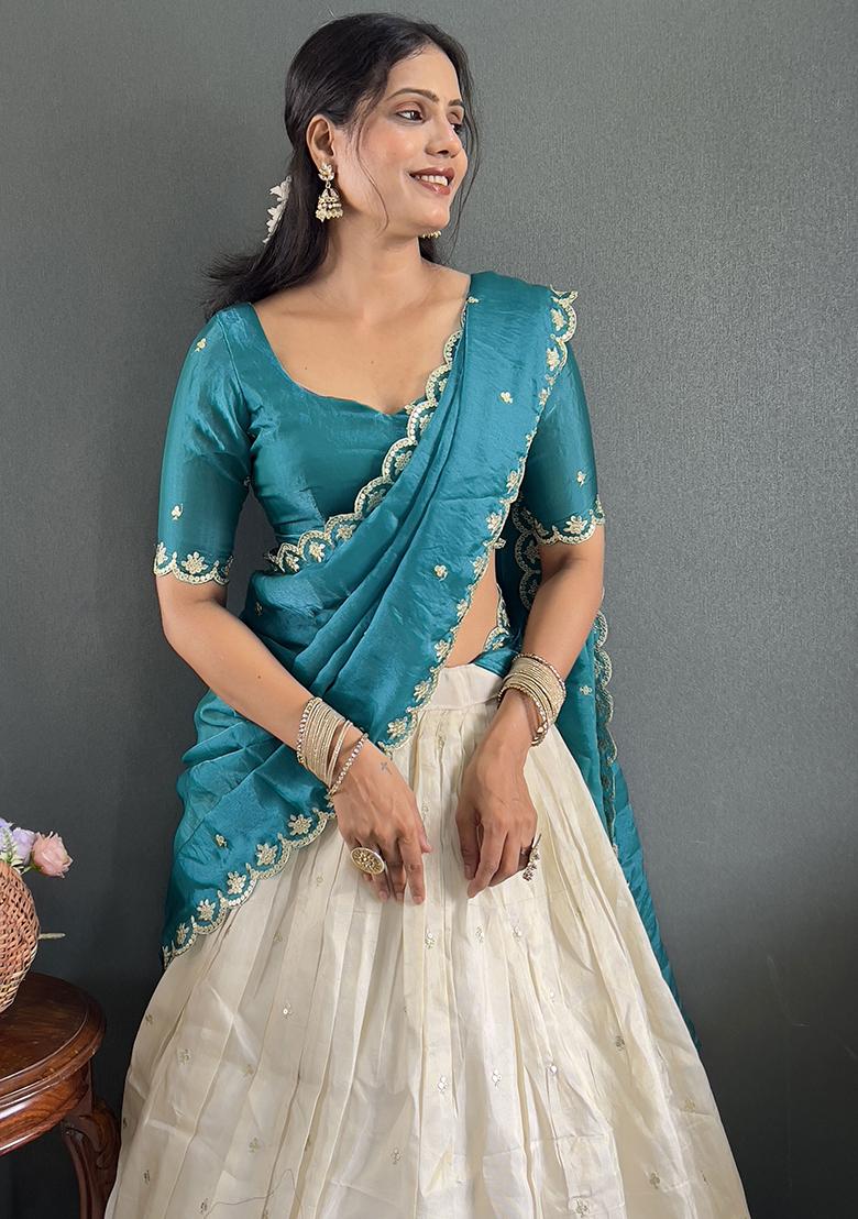 Teal Embroidered Cotton Blended Lehenga Choli Set