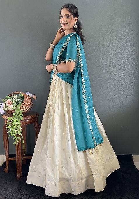 Teal Embroidered Cotton Blended Lehenga Choli Set
