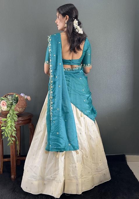 Teal Embroidered Cotton Blended Lehenga Choli Set