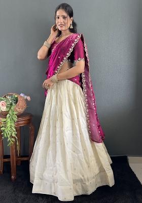 Wine Embroidered Cotton Blended Lehenga Choli Set