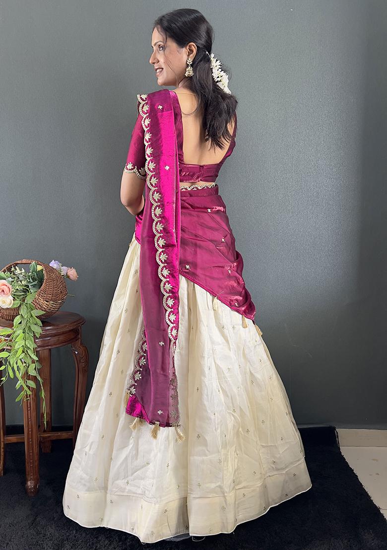 Wine Embroidered Cotton Blended Lehenga Choli Set - Indya