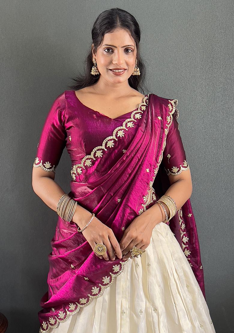 Wine Embroidered Cotton Blended Lehenga Choli Set