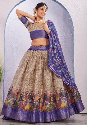 Blue Printed Cotton Blended Lehenga Choli Set