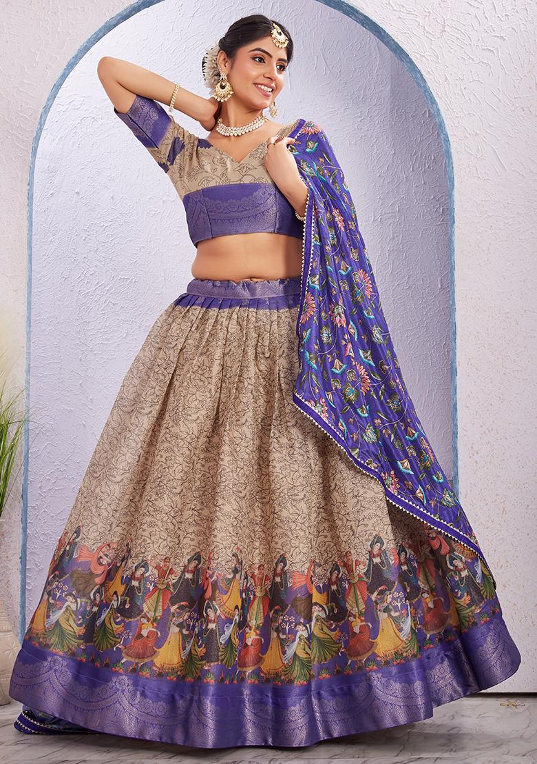 Blue Printed Cotton Blended Lehenga Choli Set
