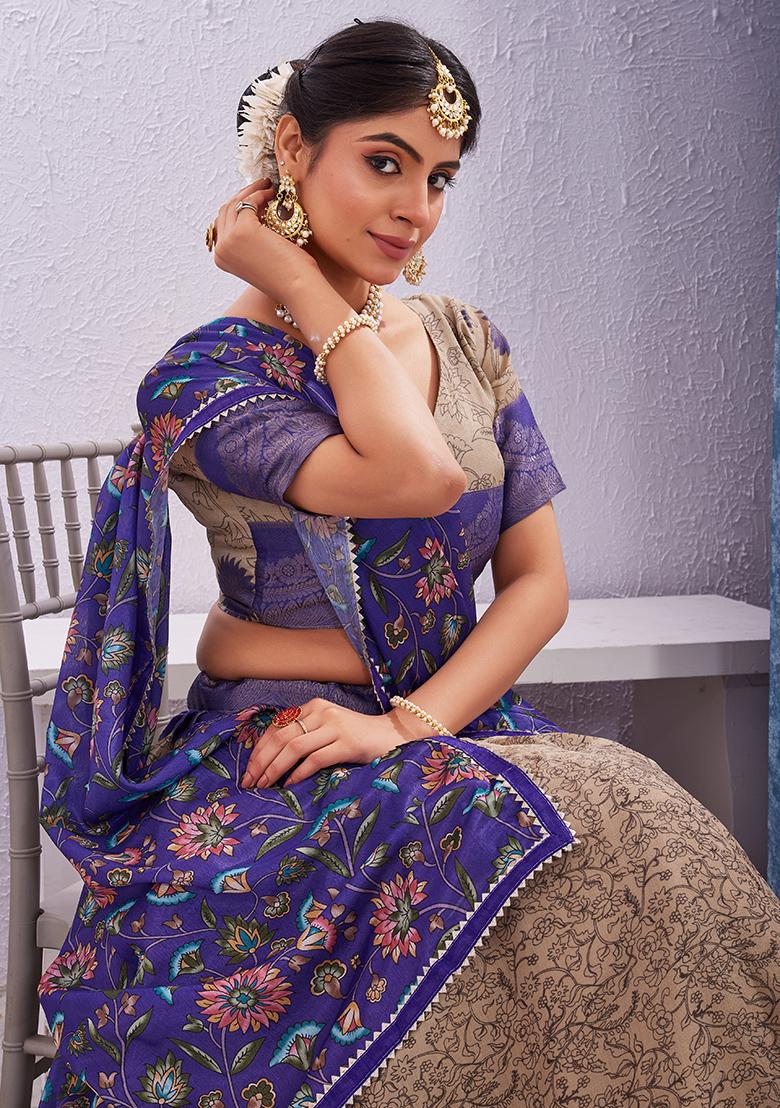 Blue Printed Cotton Blended Lehenga Choli Set