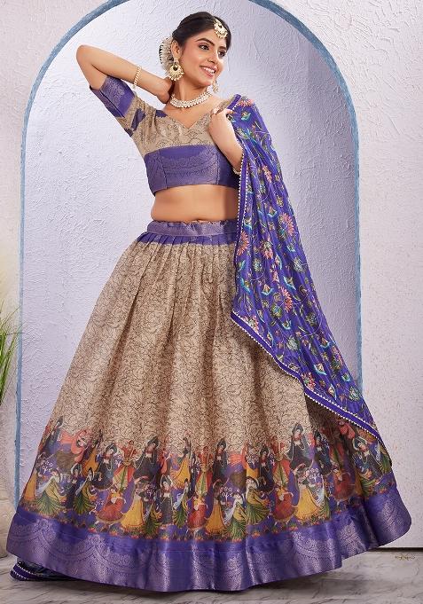 Blue Printed Cotton Blended Lehenga Choli Set