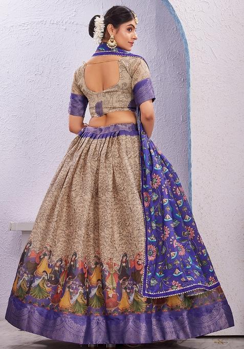 Blue Printed Cotton Blended Lehenga Choli Set