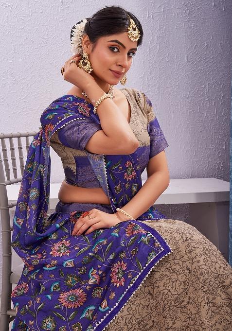 Blue Printed Cotton Blended Lehenga Choli Set