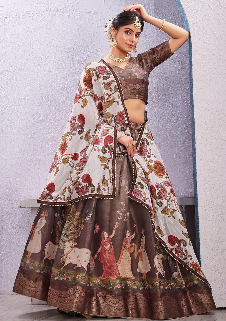 Brown Printed Cotton Blended Lehenga Choli Set