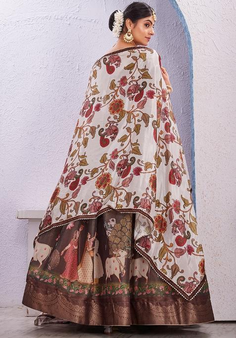 Brown Printed Cotton Blended Lehenga Choli Set