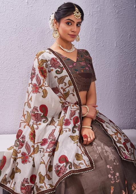 Brown Printed Cotton Blended Lehenga Choli Set