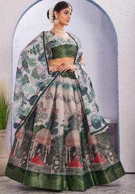 Green Printed Cotton Blended Lehenga Choli Set