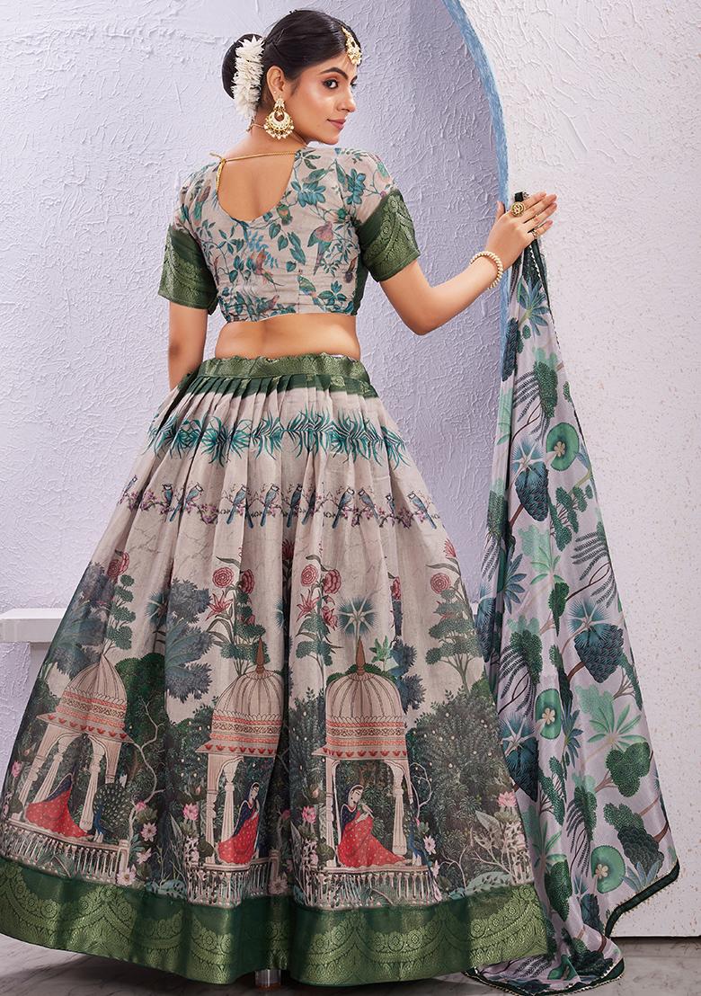 Green Printed Cotton Blended Lehenga Choli Set - Indya