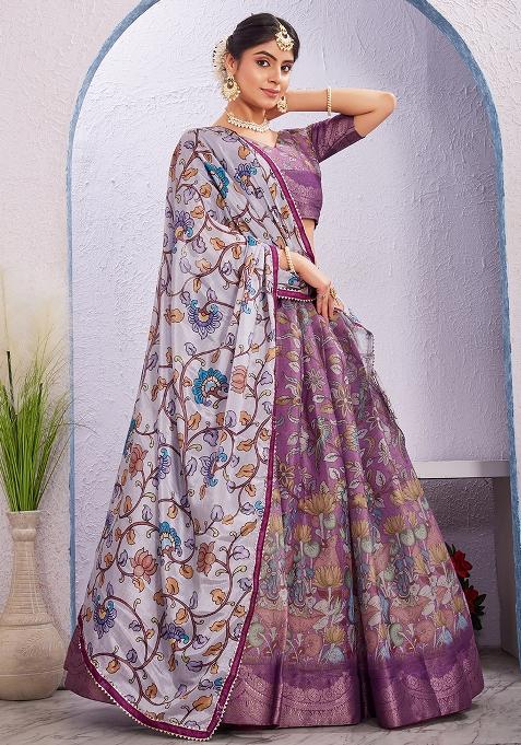 Purple Printed Cotton Blended Lehenga Choli Set