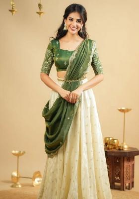 White Embroidered Cotton Blended Lehenga Choli Set