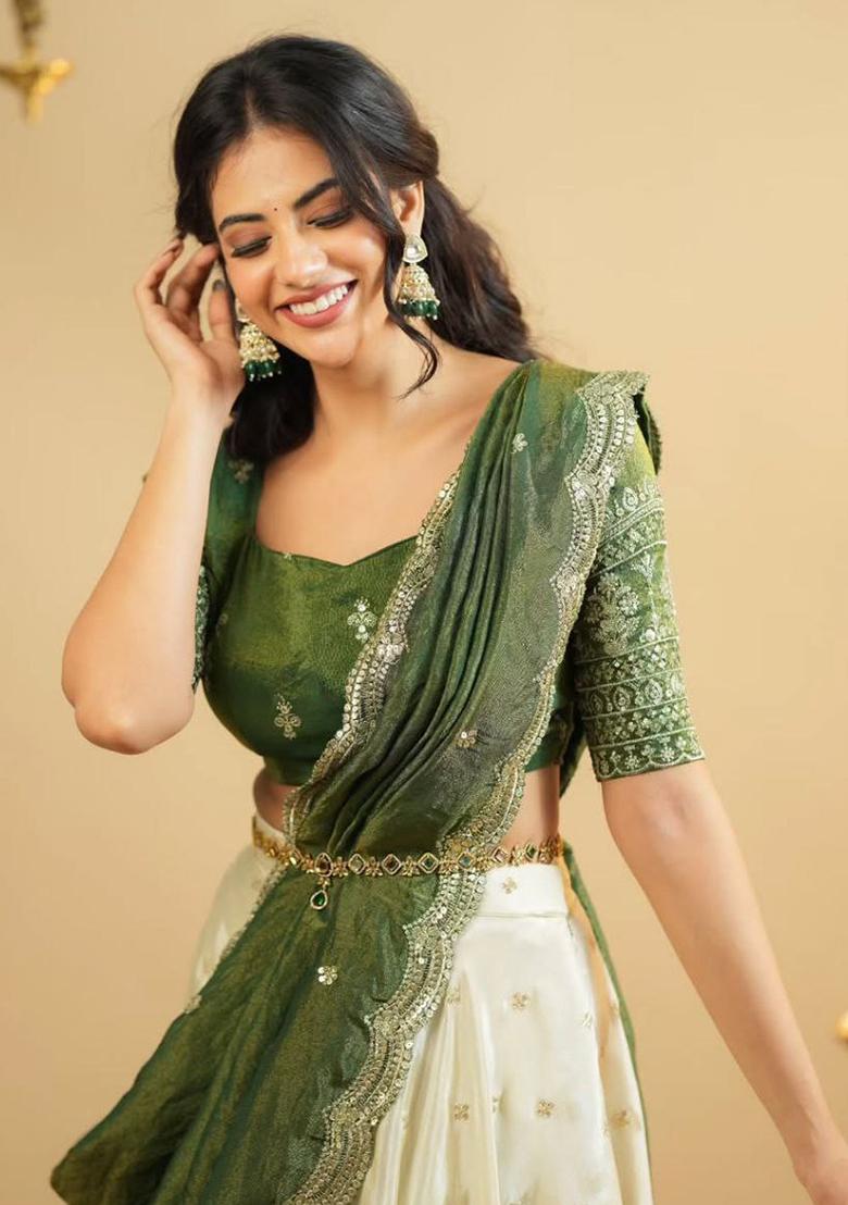 White Embroidered Cotton Blended Lehenga Choli Set - Indya