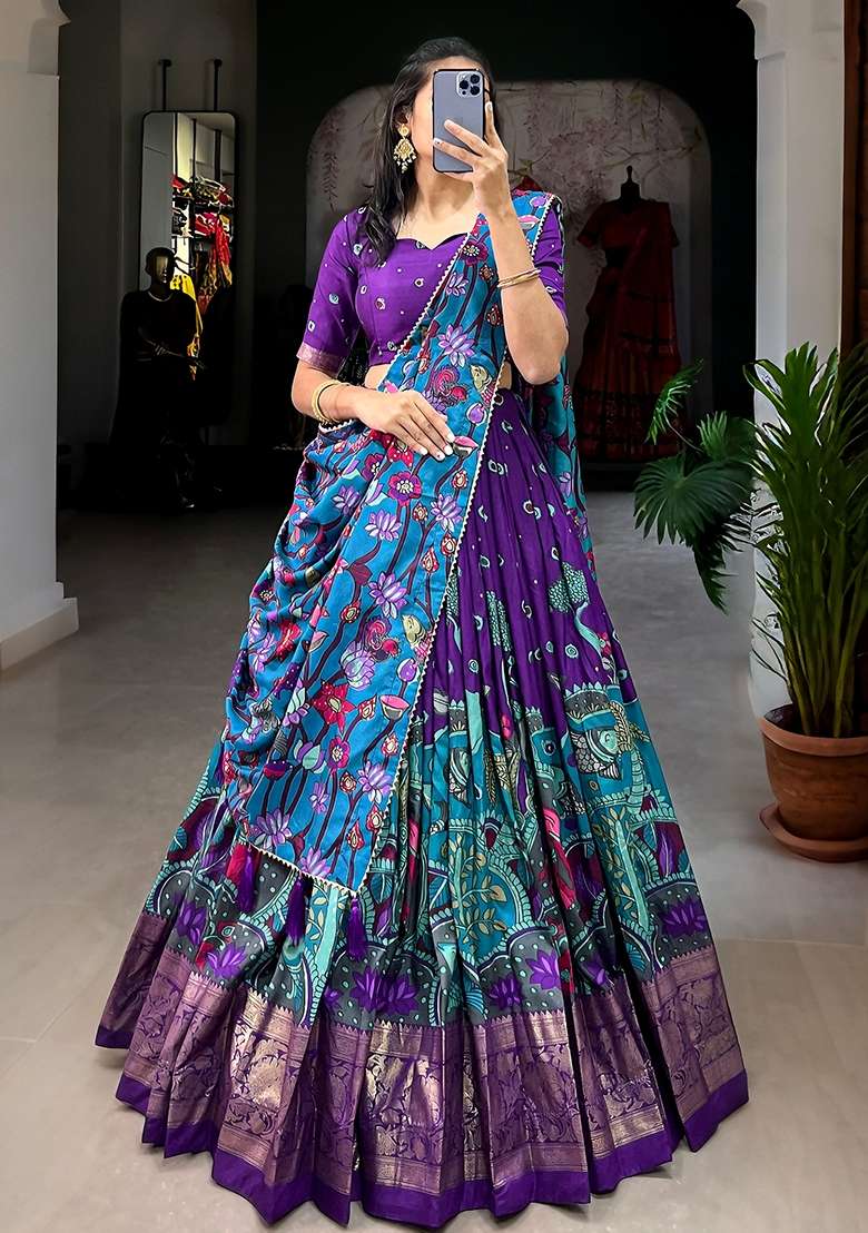 Purple Printed Dola Silk Lehenga Choli Set - Indya