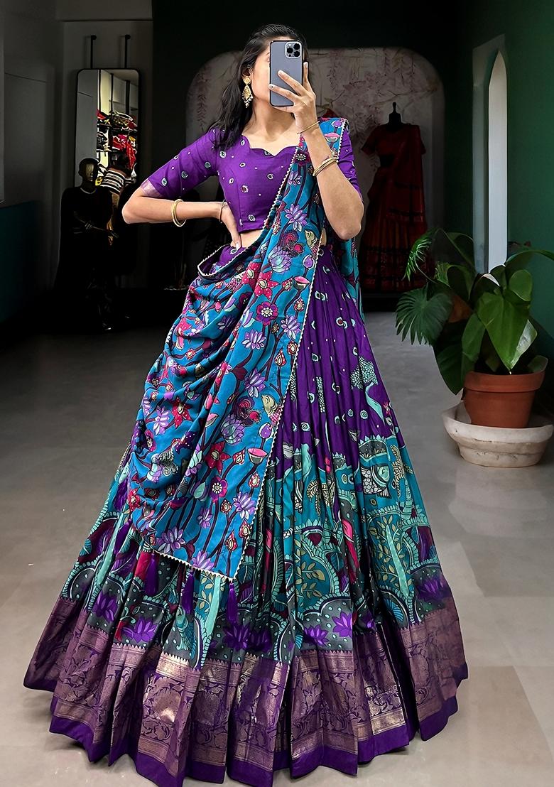 Purple Printed Dola Silk Lehenga Choli Set - Indya