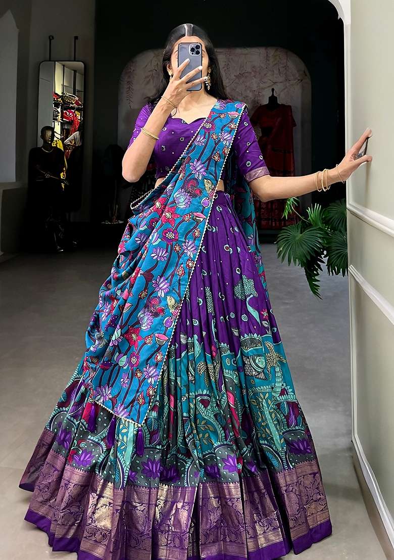 Purple Printed Dola Silk Lehenga Choli Set - Indya