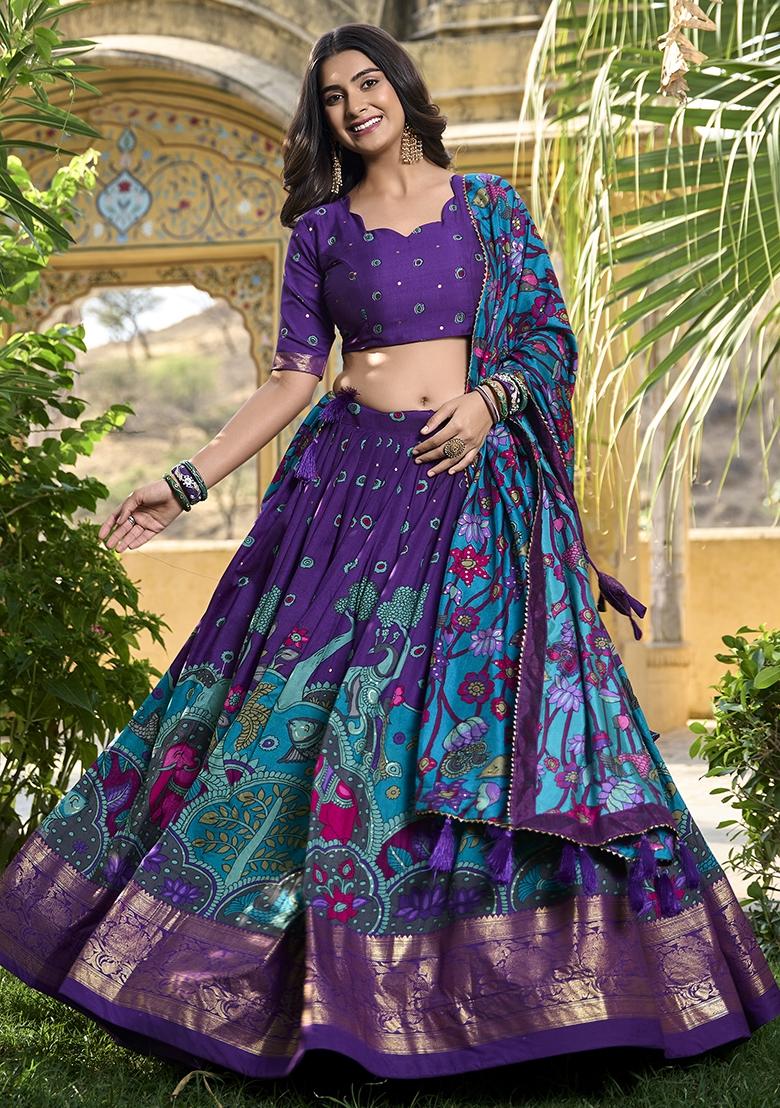 Purple Printed Dola Silk Lehenga Choli Set - Indya