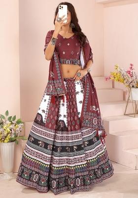 Maroon Printed Cotton Blended Lehenga Choli Set