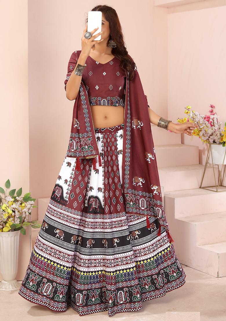 Maroon Printed Cotton Blended Lehenga Choli Set