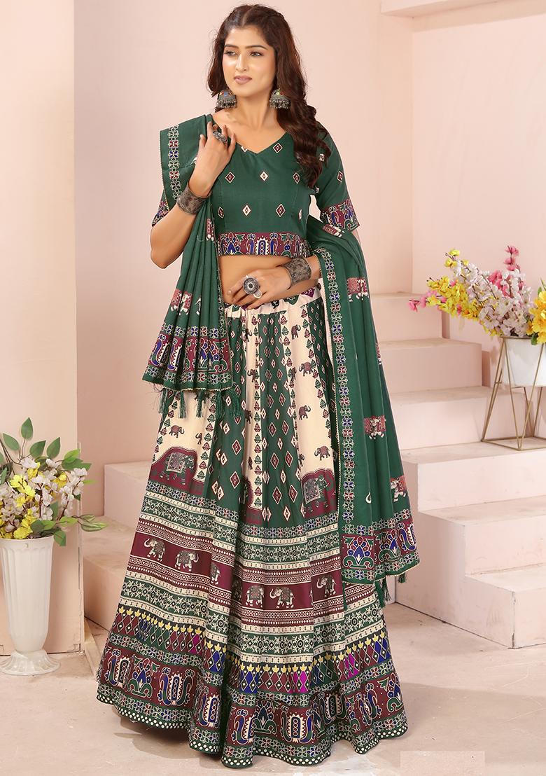 Yellow Printed Cotton Blended Lehenga Choli Set