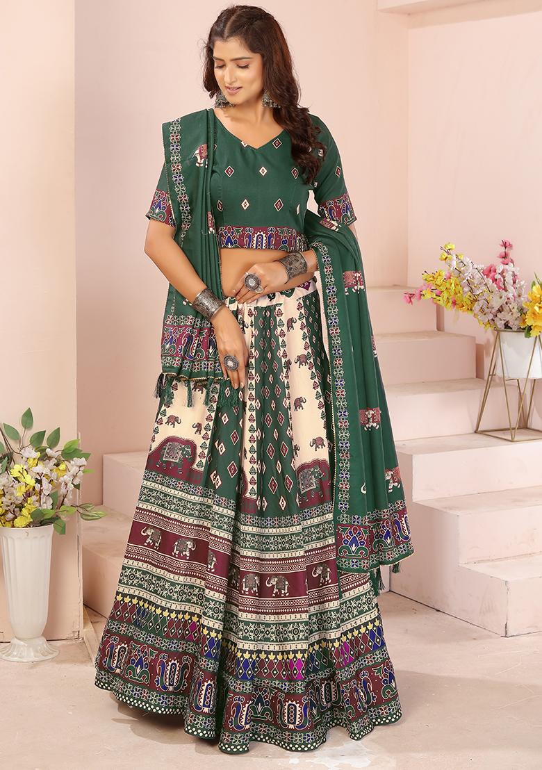 Yellow Printed Cotton Blended Lehenga Choli Set - Indya