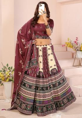 Maroon Printed Cotton Blended Lehenga Choli Set