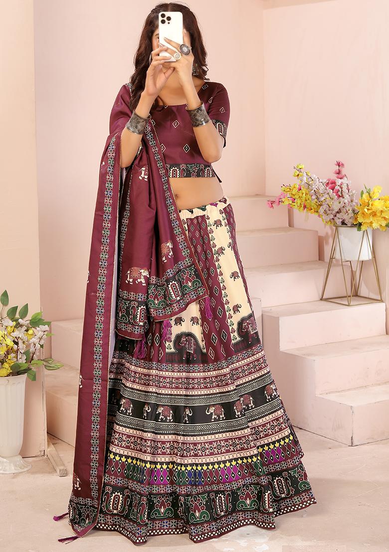 Maroon Printed Cotton Blended Lehenga Choli Set - Indya