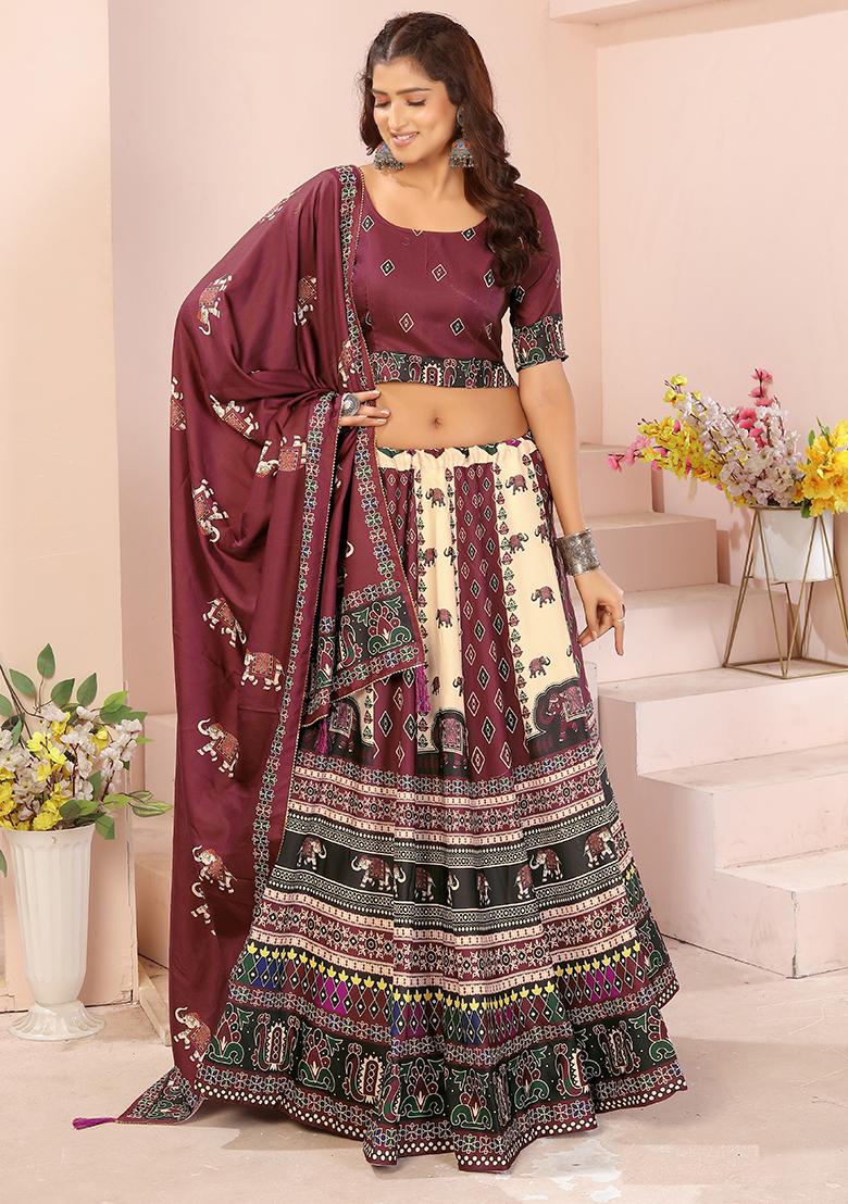 Maroon Printed Cotton Blended Lehenga Choli Set