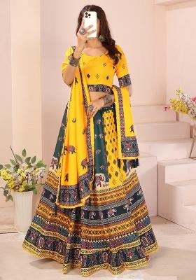 Yellow Printed Cotton Blended Lehenga Choli Set