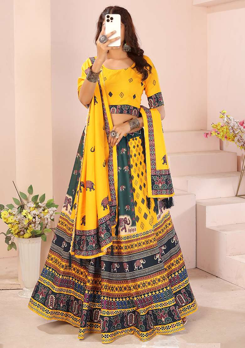 Yellow Printed Cotton Blended Lehenga Choli Set - Indya