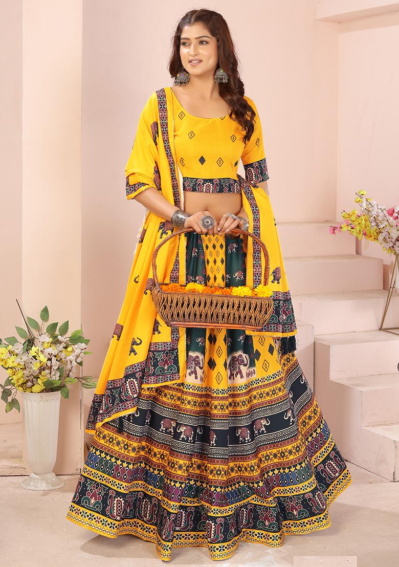 Yellow Printed Cotton Blended Lehenga Choli Set - Indya