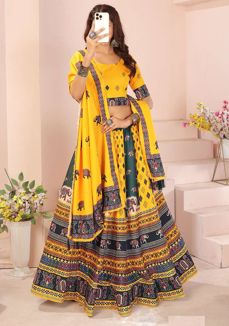 Yellow Printed Cotton Blended Lehenga Choli Set - Indya