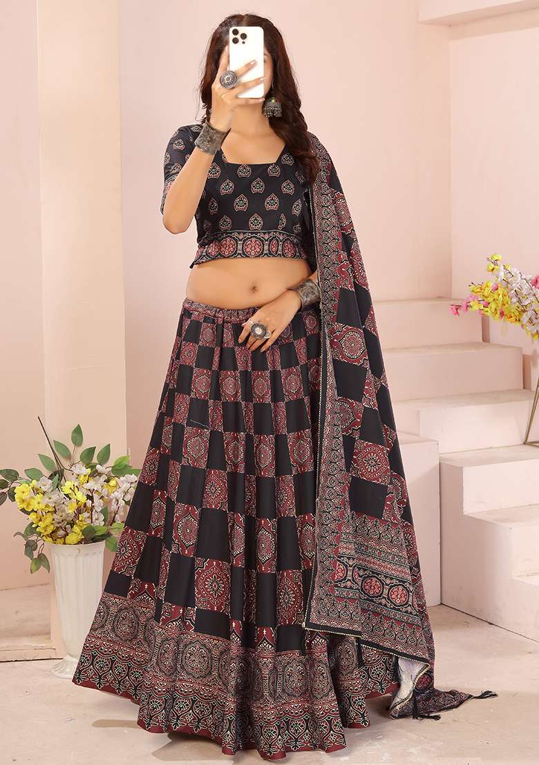 Black Printed Cotton Blended Lehenga Choli Set - Indya