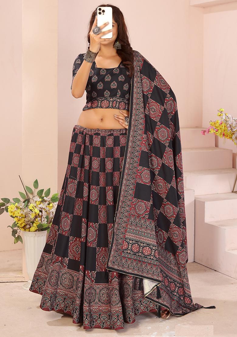 Black Printed Cotton Blended Lehenga Choli Set - Indya
