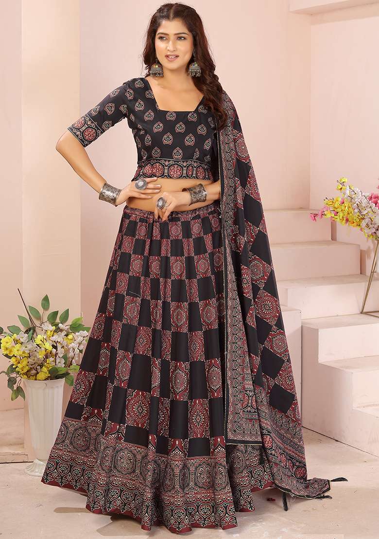 Black Printed Cotton Blended Lehenga Choli Set - Indya