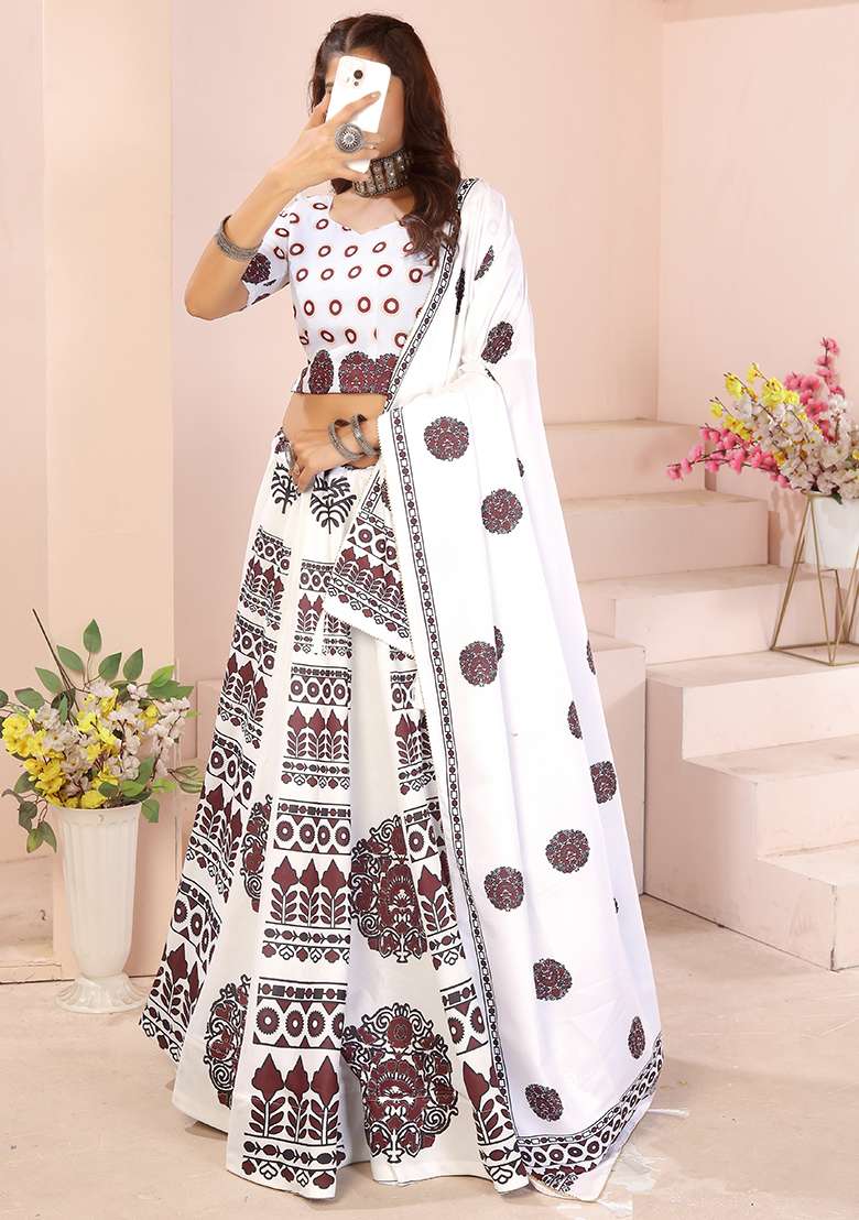 Maroon Printed Cotton Blended Lehenga Choli Set - Indya