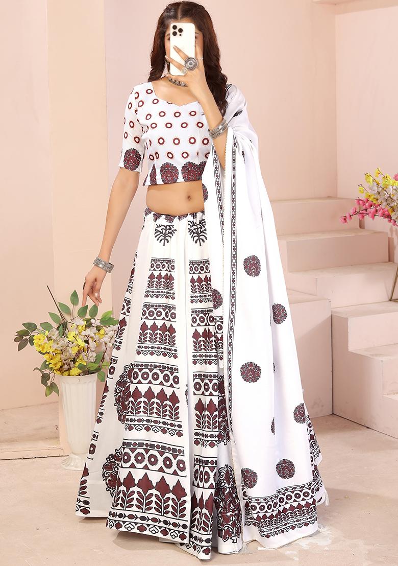Maroon Printed Cotton Blended Lehenga Choli Set - Indya