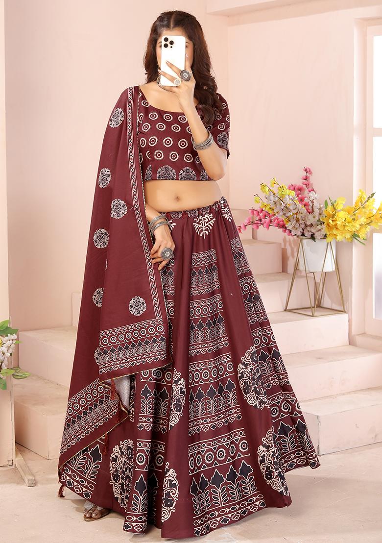 Black Printed Cotton Blended Lehenga Choli Set