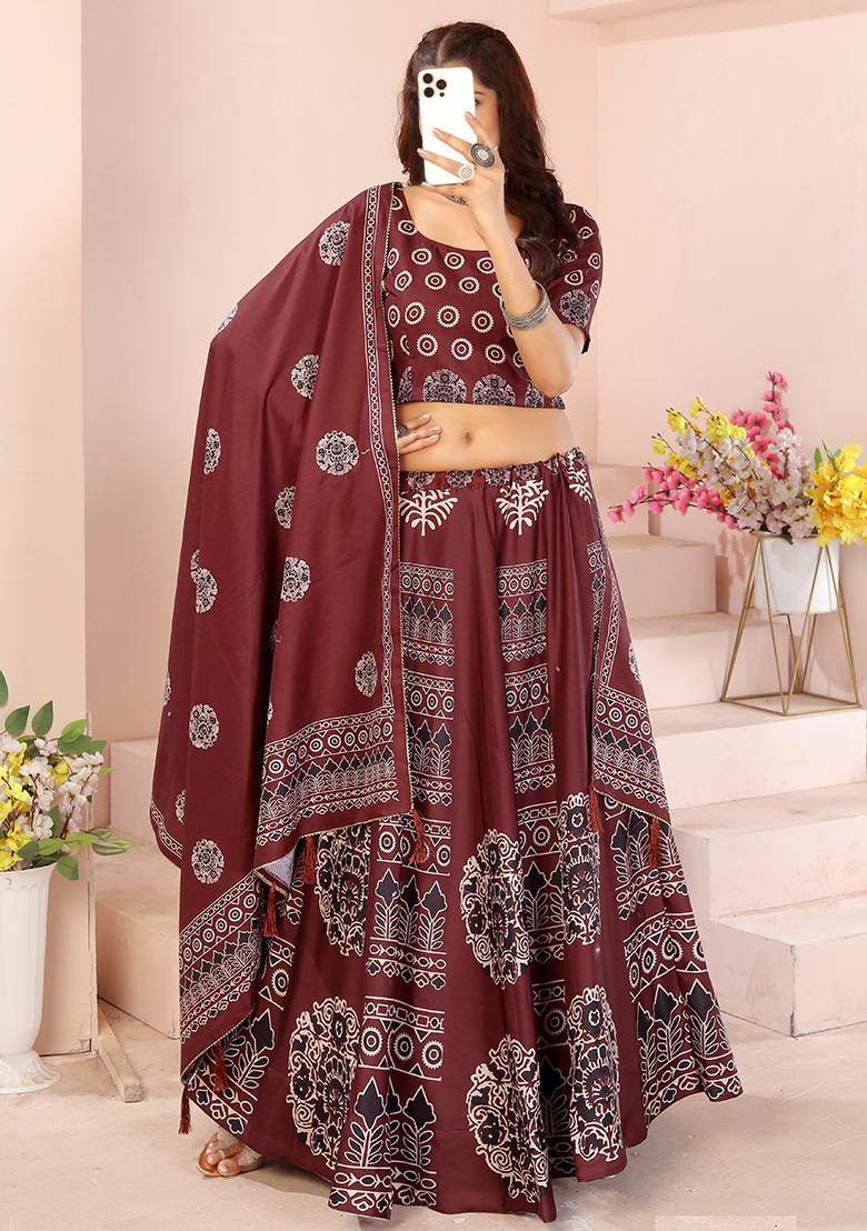 Black Printed Cotton Blended Lehenga Choli Set - Indya