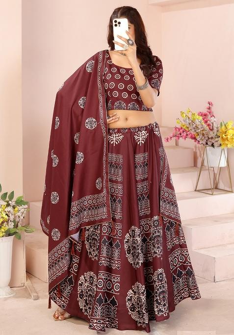 Black Printed Cotton Blended Lehenga Choli Set