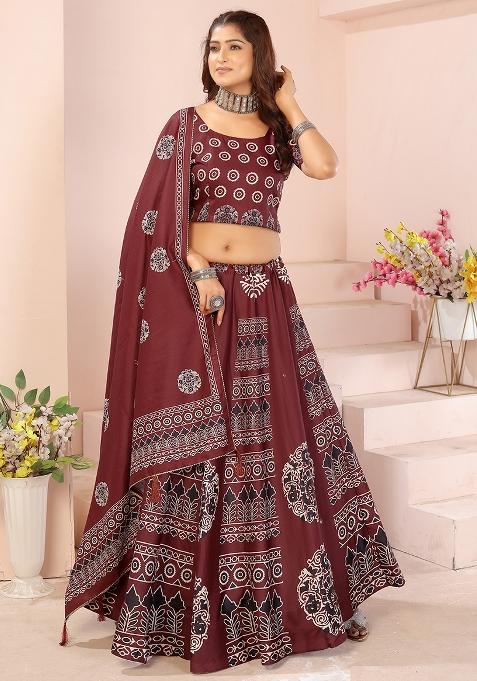 Black Printed Cotton Blended Lehenga Choli Set