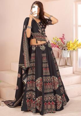Black Printed Cotton Blended Lehenga Choli Set
