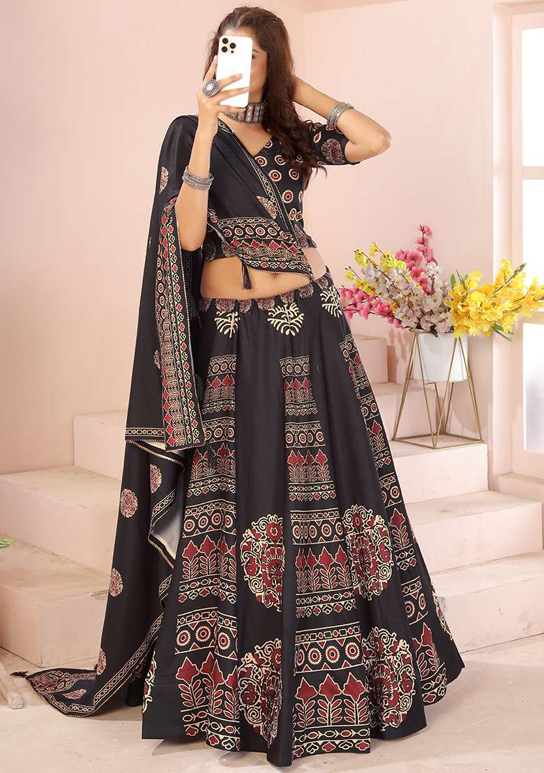 Black Printed Cotton Blended Lehenga Choli Set - Indya