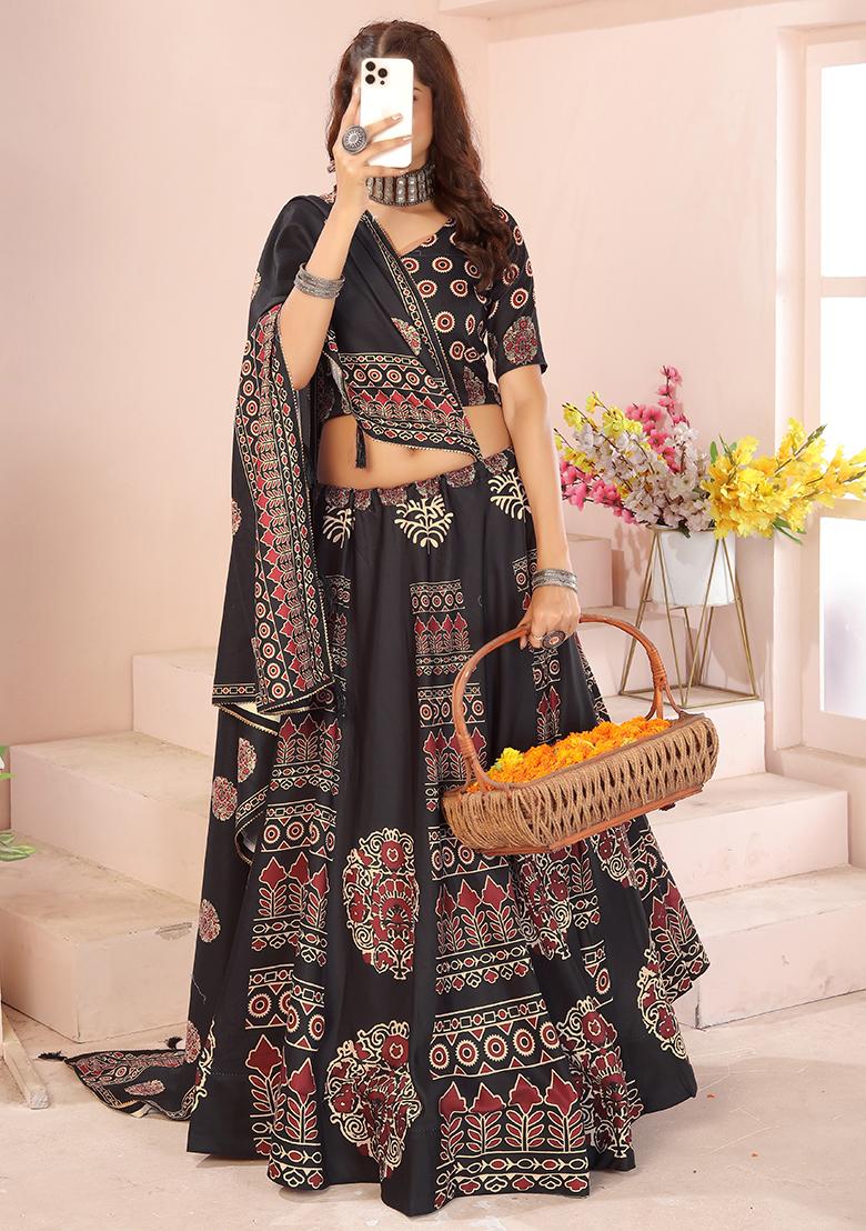 Black Printed Cotton Blended Lehenga Choli Set - Indya
