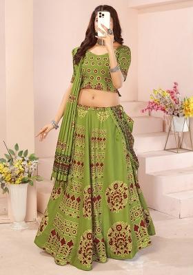 Light Green Printed Cotton Blended Lehenga Choli Set