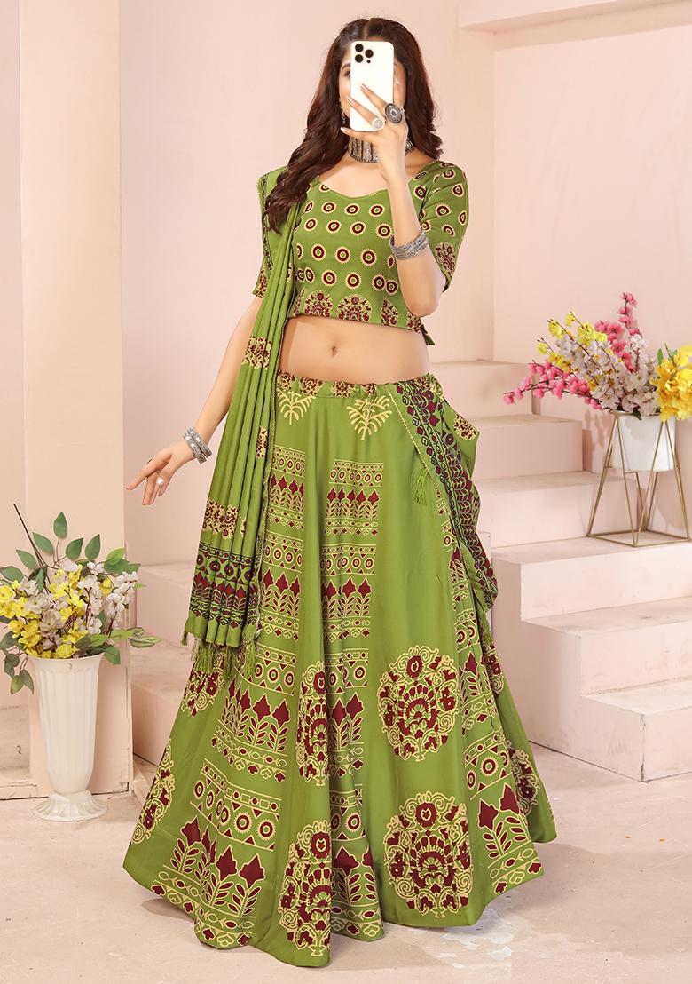 Light Green Printed Cotton Blended Lehenga Choli Set