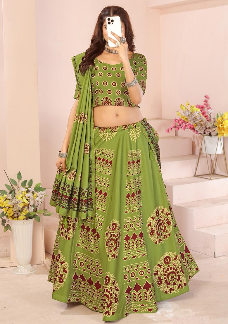 Light Green Printed Cotton Blended Lehenga Choli Set
